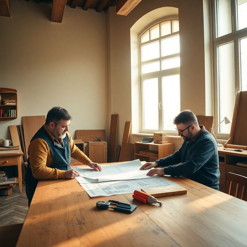 Doi meșteri români studiind planuri la o masă de lemn într-un birou însorit din București