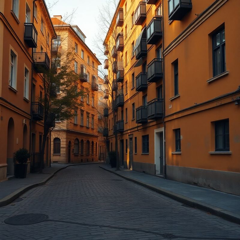 Stradă liniștită din București toamna, lumină aurie pe clădiri în nuanțe de ocru