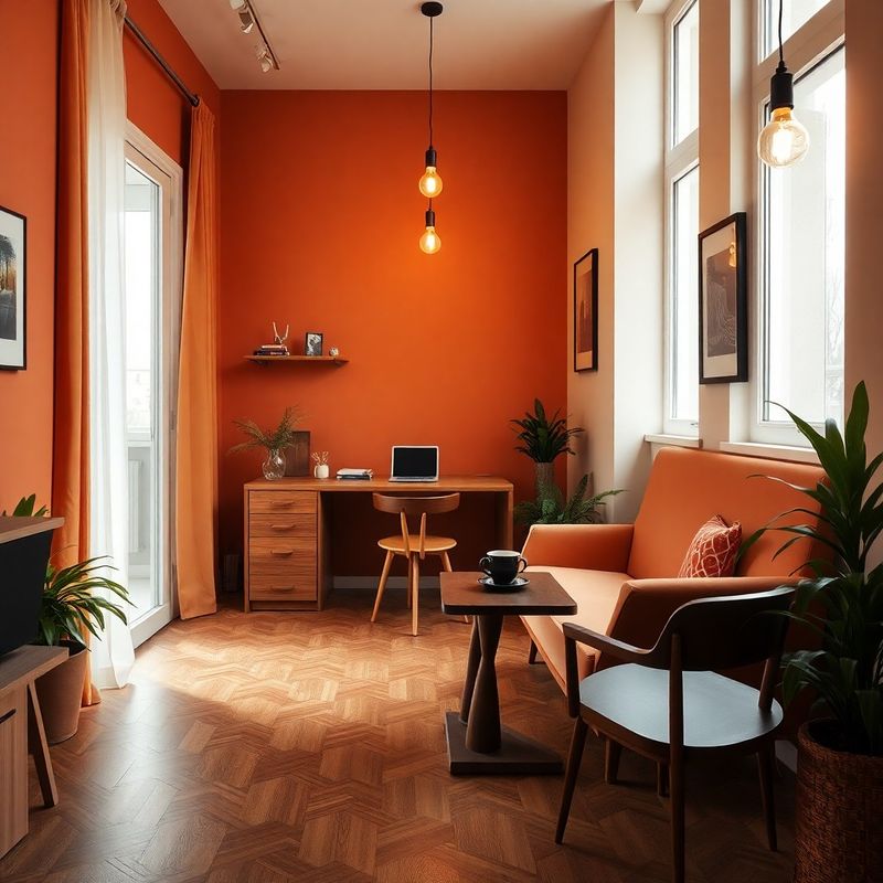Interior de birou cu decor teracota și crem, parchet din stejar și iluminat cald