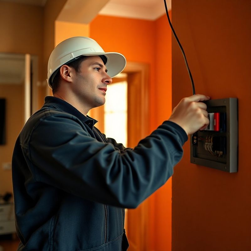 Meșter lucrând la o instalație electrică într-un apartament din București, pereți teracota în fundal