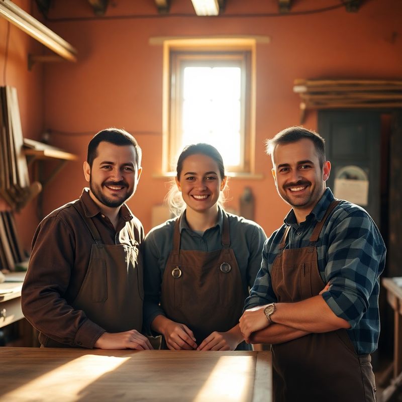 Echipa Dragomir & Ionescu, trei meșteri zâmbind într-un atelier cu pereți teracota